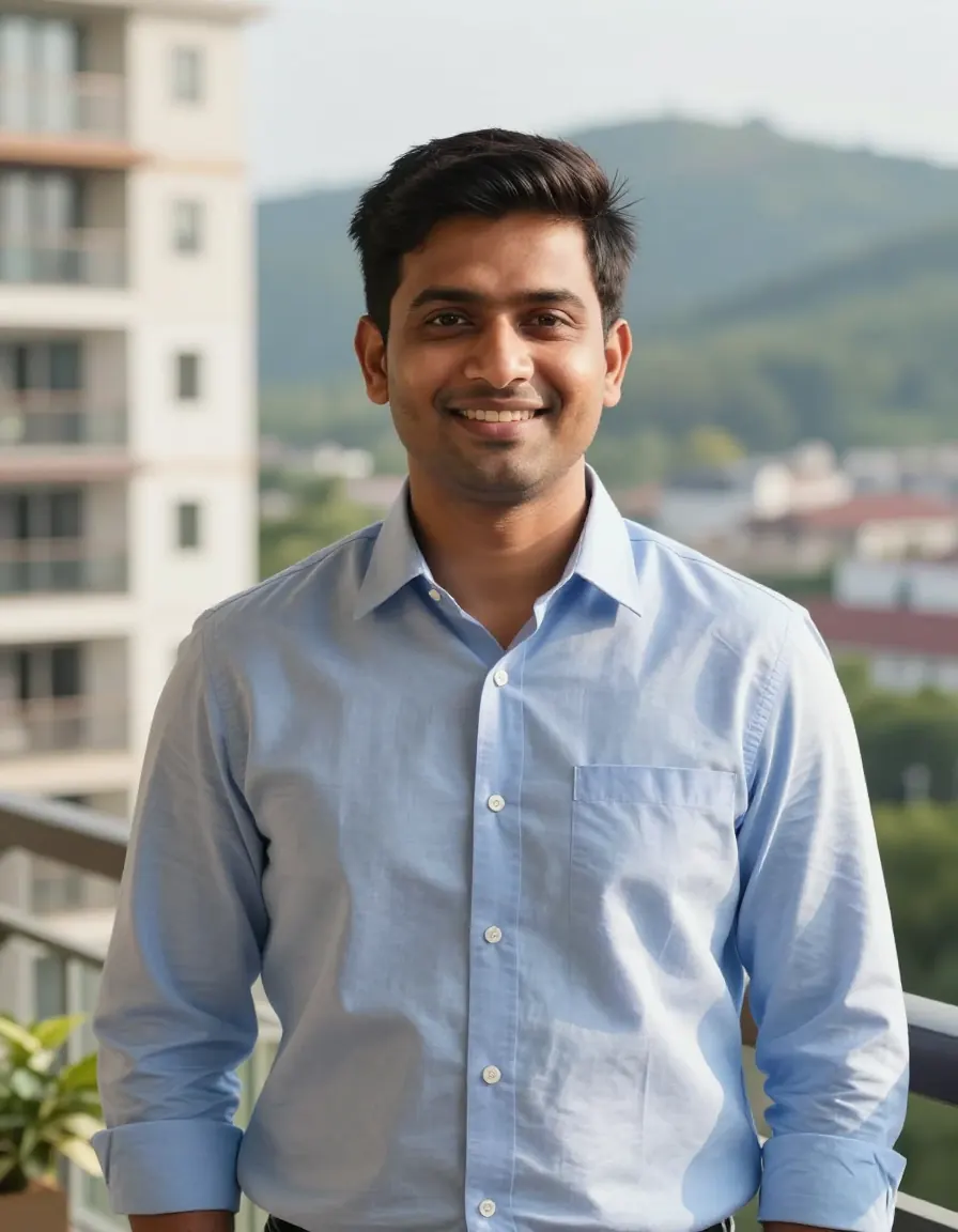 Arjun Deshpande on the balcony of a new apartment