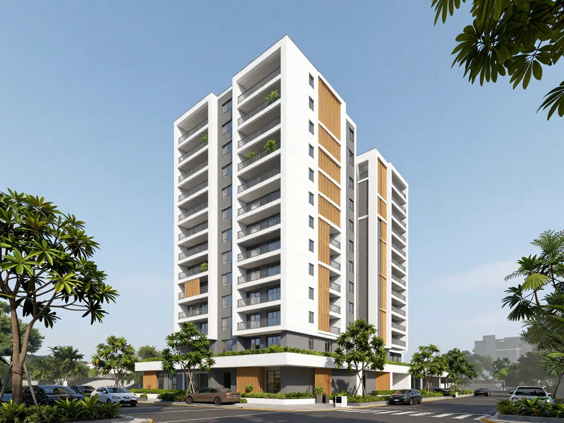New apartment tower with deep balconies and planters